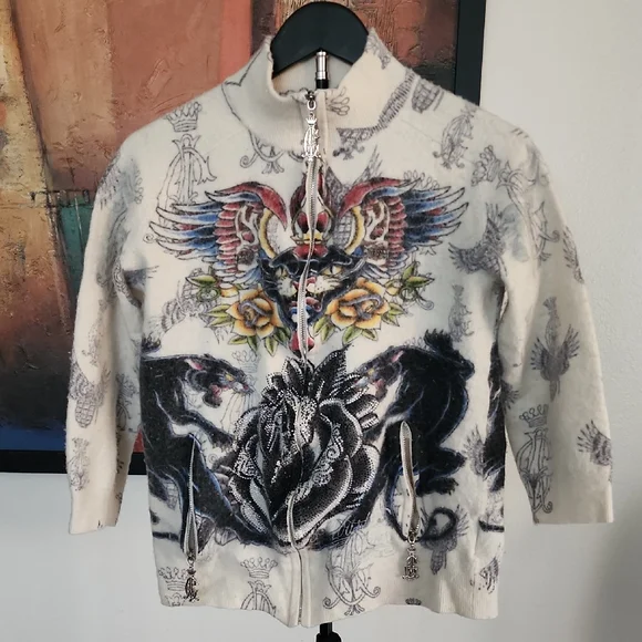 Christian Audigier Vintage Wool Blend Graphic Zip-Up Sweater - Cream and Black - Picture 1 of 9
